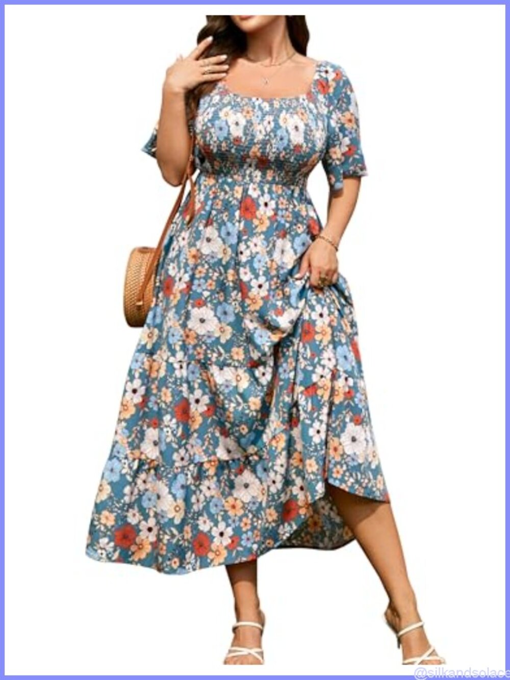 Plus Size Smocked Boho Maxi Dress Short Sleeve Square Neck Tiered